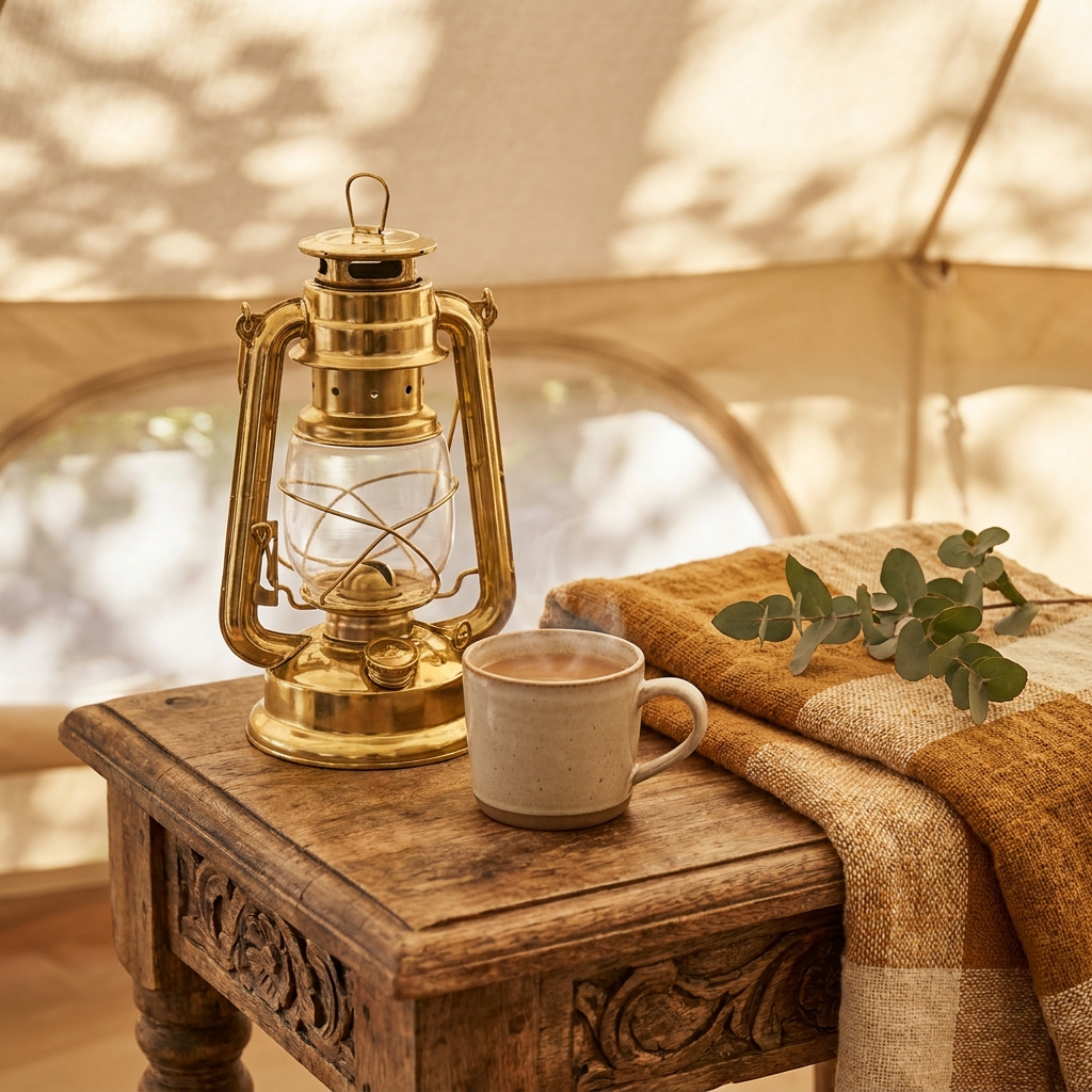 Lifestyle detail of brass lantern and chai at a retreat