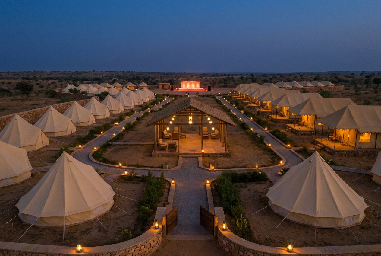 Rows of glowing luxury tents at a festival tent city at dusk
