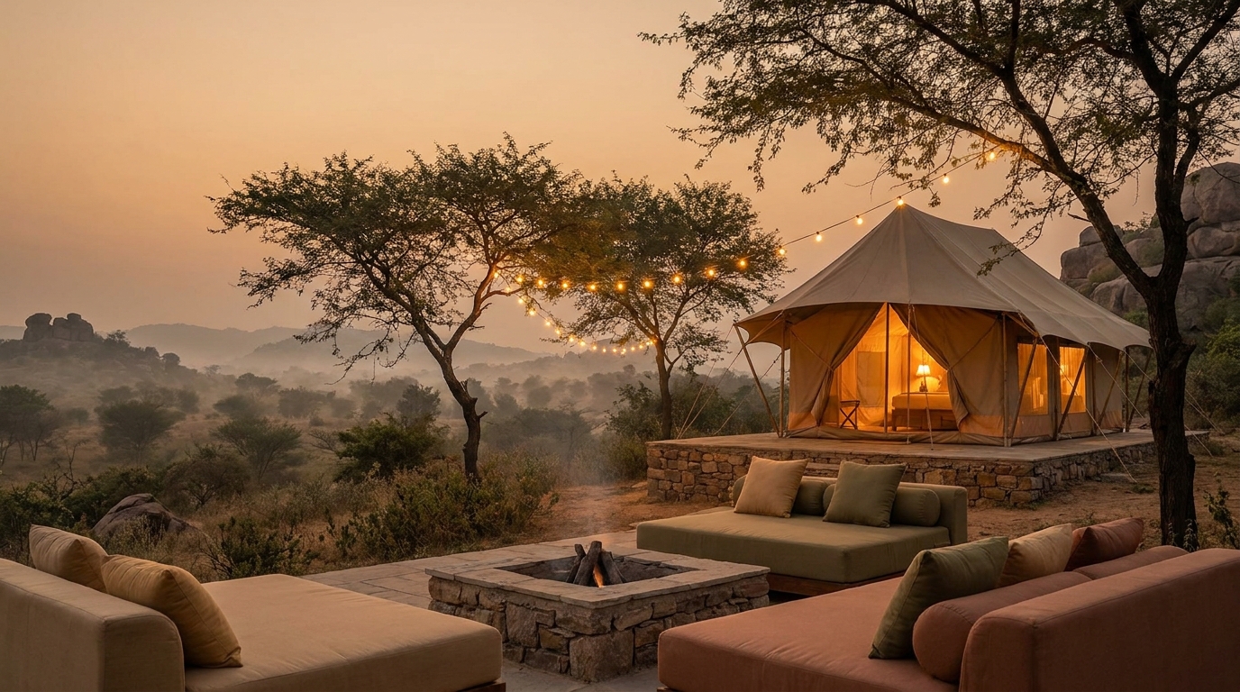 Luxury glamping tent at dusk with warm interior glow, fire pit and string lights in an Indian landscape