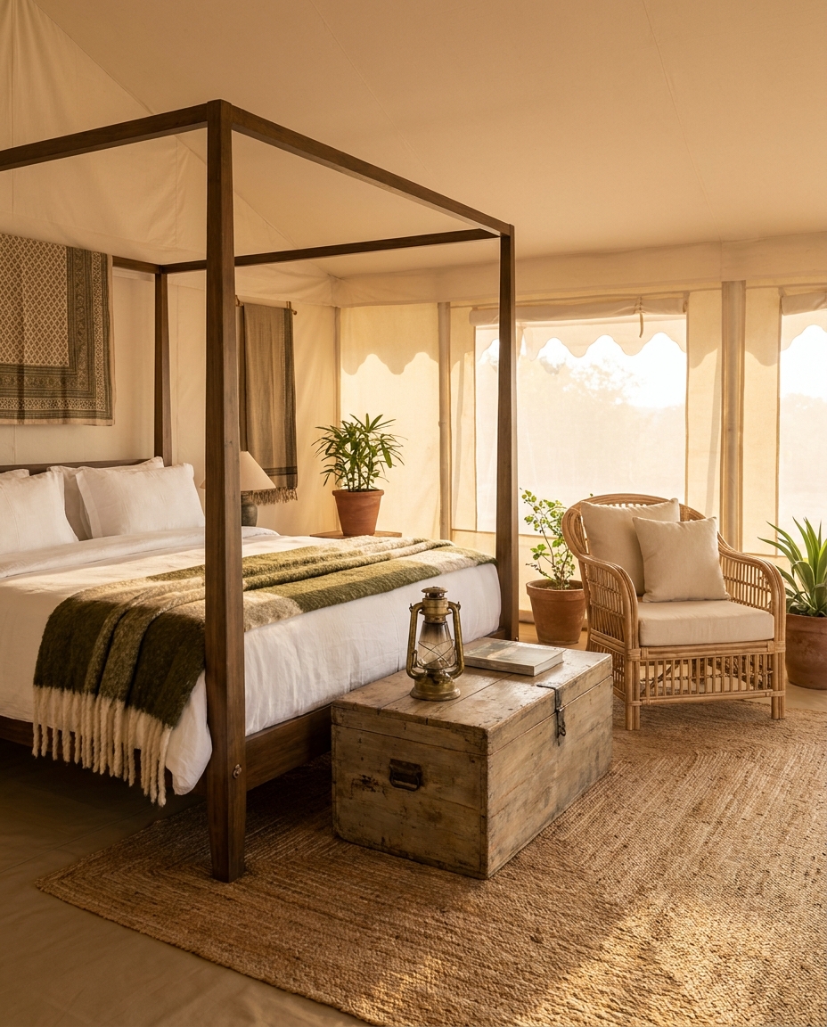 Elegant furnished luxury glamping tent interior with four-poster bed