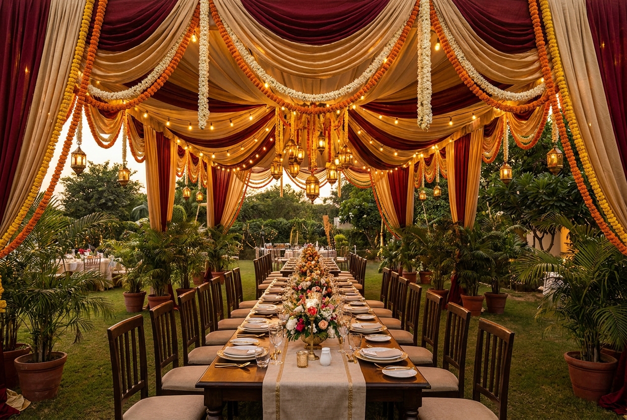 Decorated banquet marquee with floral arrangements at twilight