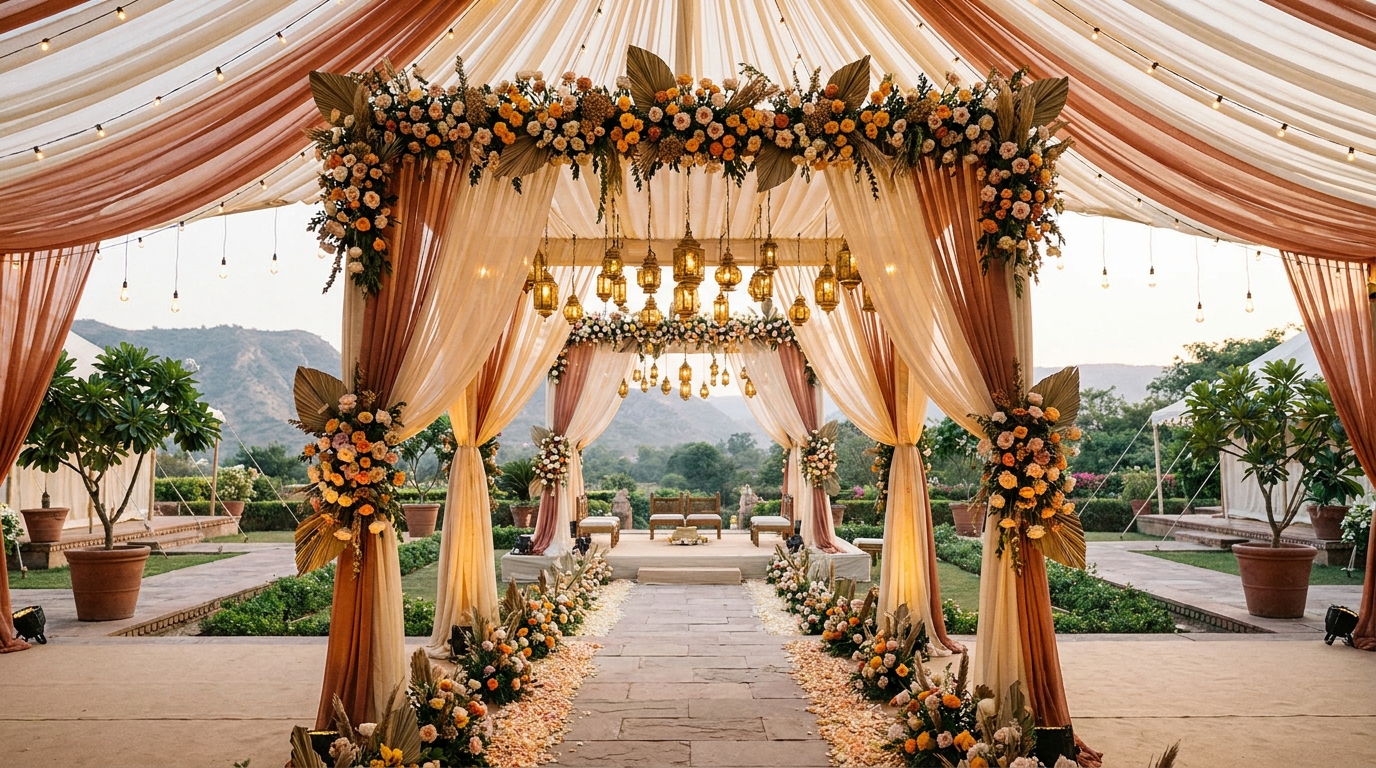 Wedding mandap inside open-air tent venue